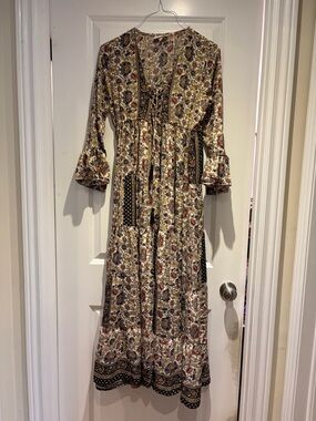 Bohemian Floral Maxi Dress in Cream with  Multicolour paisley design
